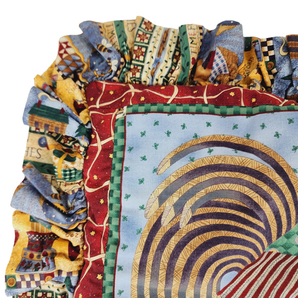 Rooster Throw Pillow Cover & Insert 18x18 inch Ruffle Edge Blue Red Green Bright - Picture 4 of 12